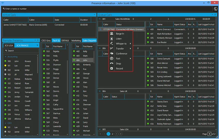 With the 3CX Windows / iOS phone client, you can easily barge in, listen, whisper or listen to recordings.